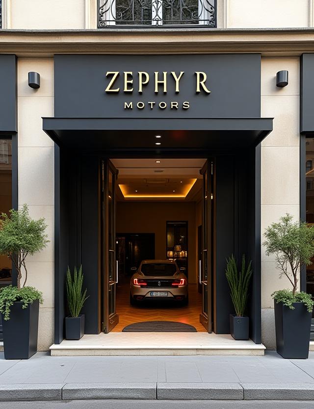 Entrée moderne de la concession Zephyr Motors rue Tronchet